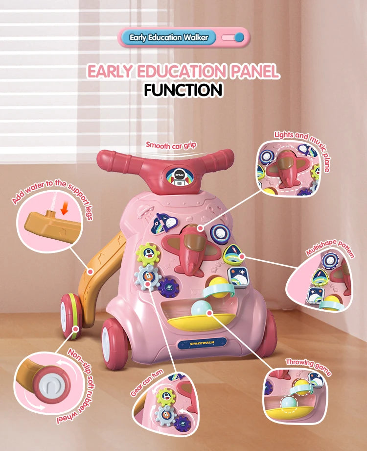 Baby Toddler Push Walker Toy – Interactive Musical Montessori Activity Walker with Lights and Safety Brake