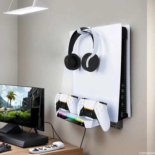 PS5/PS5 Slim Wall Mount Kit with Dual Controller Charging Station - Headset Holder for PlayStation 5 Accessories