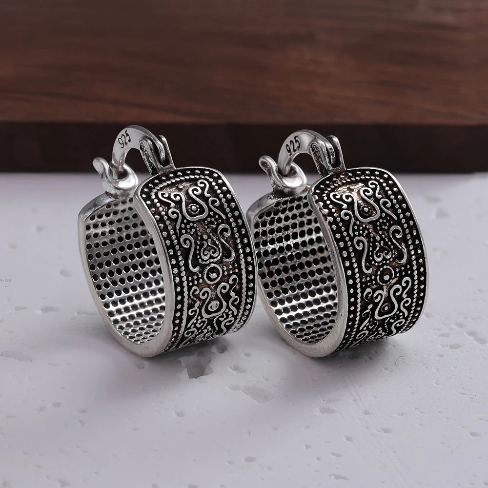PANJBJ925 Sterling Silver Hoop Earrings - Frosted Geometric Design Fashion Jewelry Gift for Women