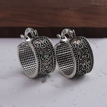 PANJBJ925 Sterling Silver Hoop Earrings - Frosted Geometric Design Fashion Jewelry Gift for Women