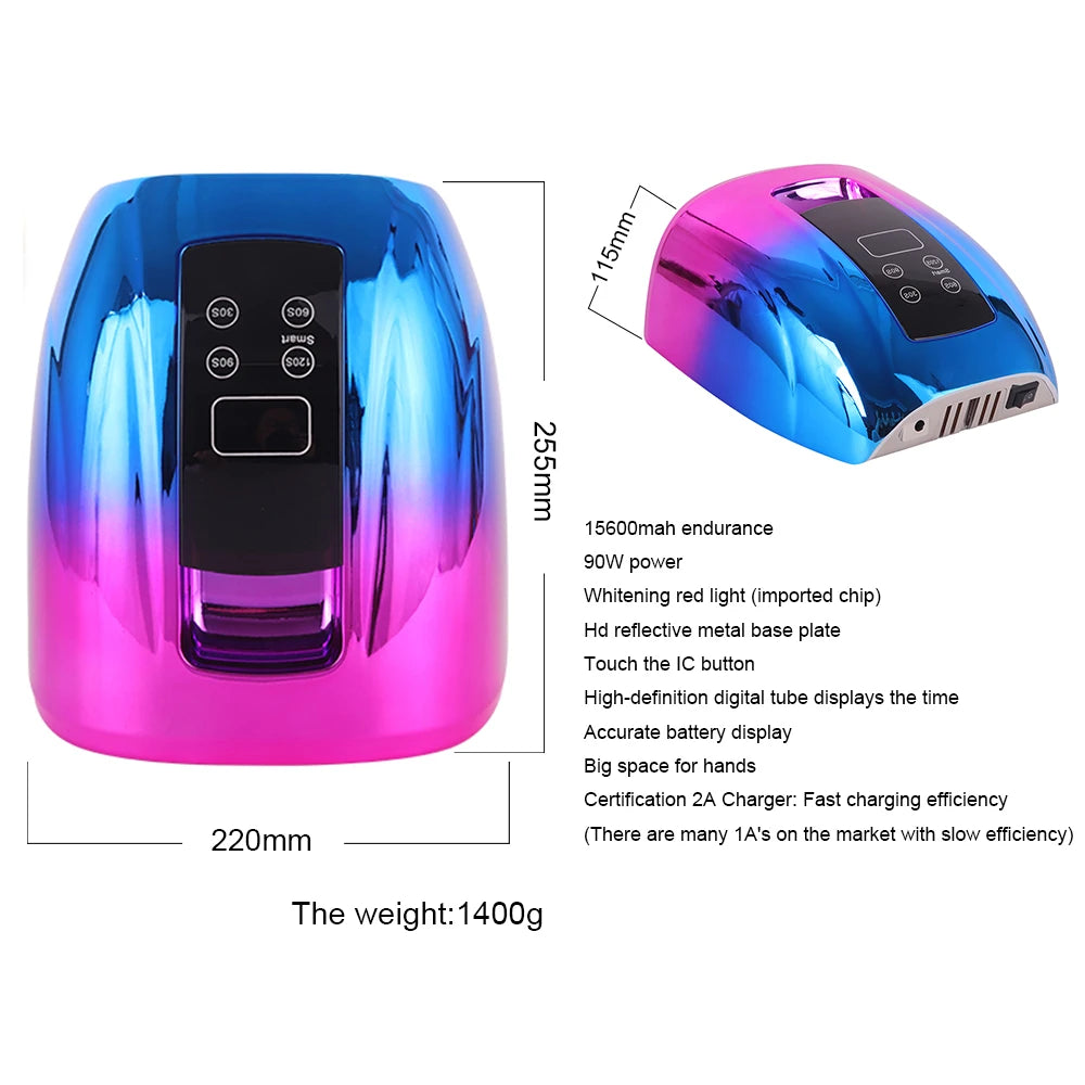 90W Rechargeable Nail Lamp – Cordless LED UV Light for Acrylic Nails, Wireless Manicure Machine with Mirror Bottom