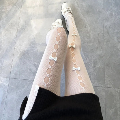Bowknot Lace Fishnet Pantyhose - Y2K Hollow Out Tights for Women
