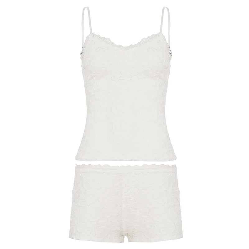 SUCHCUTE Women’s White Lace 2-Piece Homewear Set – Sleeveless Spaghetti Strap Tank Top & Low-Rise Elastic Waist Shorts, Y2K Casual Lounge Outfit