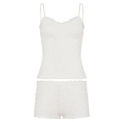 SUCHCUTE Women’s White Lace 2-Piece Homewear Set – Sleeveless Spaghetti Strap Tank Top & Low-Rise Elastic Waist Shorts, Y2K Casual Lounge Outfit