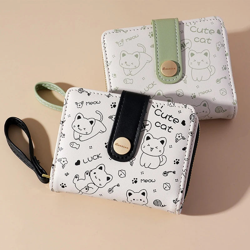 Japanese Cute Cat Wallet for Girls – Short Zipper Wallet, ID & Bank Card Holder, Coin Purse & Key Storage for Women