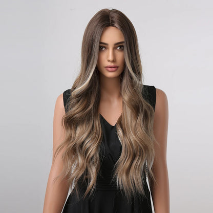 ALAN EATON Black Long Wavy Synthetic Wig – Natural Afro Hair, Middle Part, Heat-Resistant Fiber for Daily Use