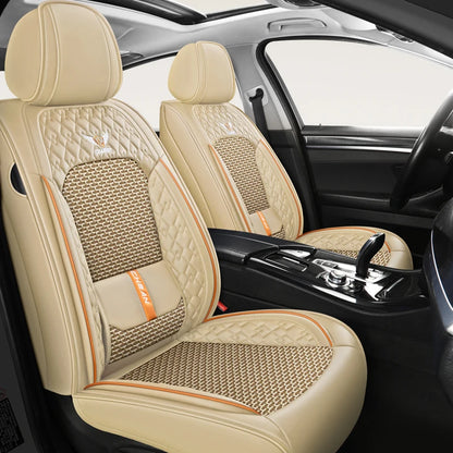 Universal 5-Seat Nappa Leather Car Seat Covers - Four-Season Ice Silk Cushion Set with Fixed Lumbar Support for Most Cars