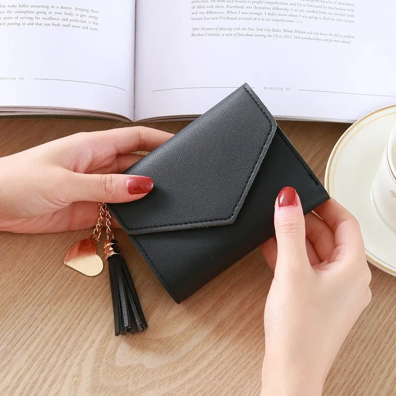 Fashion Short Women’s PU Leather Wallet – Luxury Tassel Hasp Small Coin Purse & Card Holder Pouch
