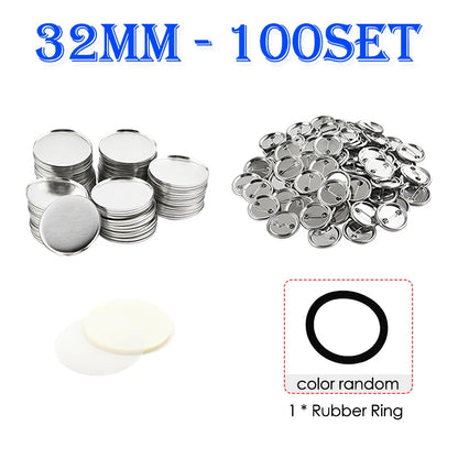 100 Sets Round Badge Pin Button Maker Machine - 25/32/37/44/58MM, DIY Punch Press Machine, Manual Badge Parts Consumables