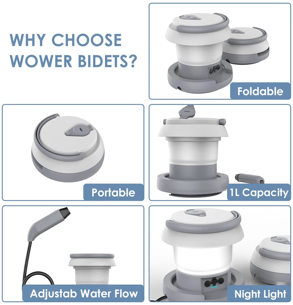 WOWER Portable Foldable Bidet – 1L Travel Toilet Sprayer with Light for Camping & Hiking