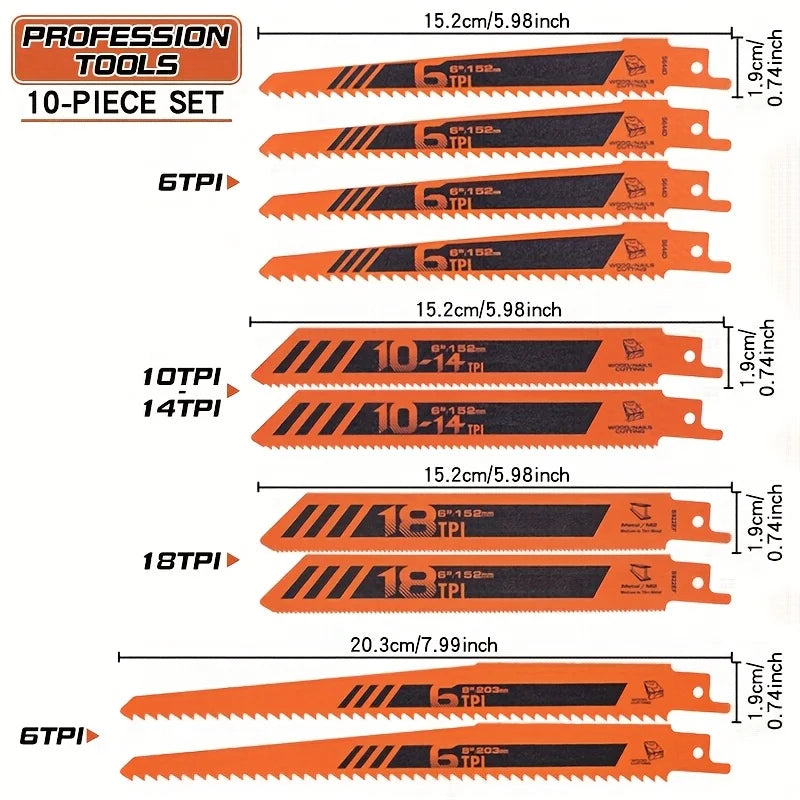 10PCS Sabre Saw Blade Set - High Efficiency Cutting Blades for Wood Plastic Aluminum and Thin Metal