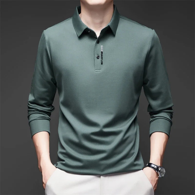 Men's Business Casual Polo Shirt - Long Sleeve Solid Color Top with Badge Detail