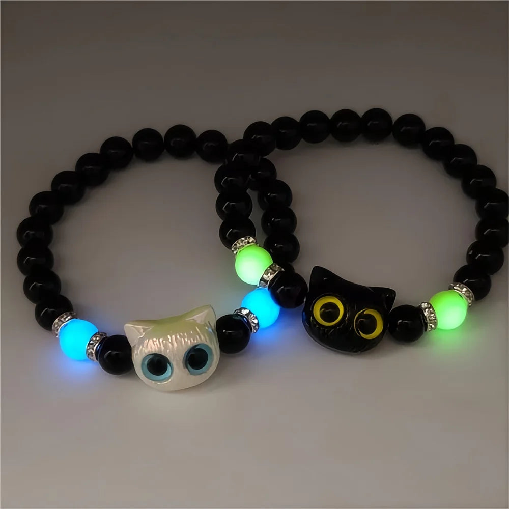 Luminous Cat Matching Bracelets for Couples | Glow-in-the-Dark Black & White Friendship Bangles | Cute Gift for Him & Her