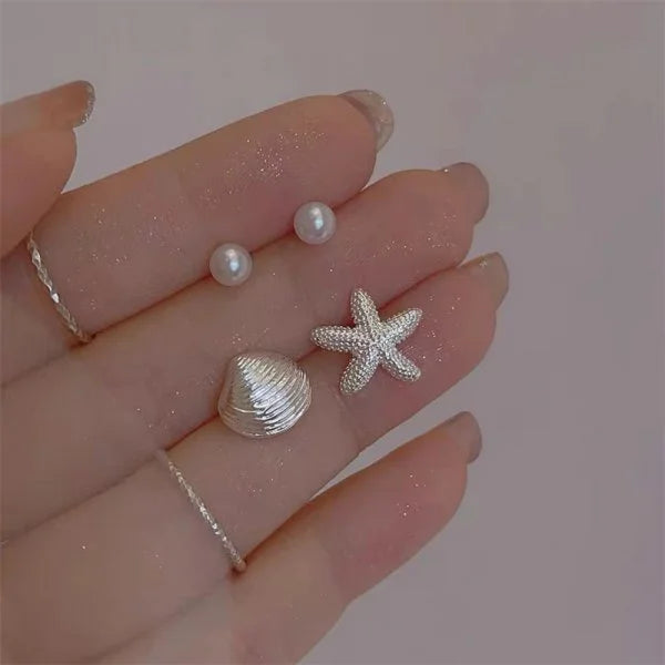 Ocean Style Asymmetric Earrings - Starfish Shell Pearl Zircon Stud Jewelry Gift for Women