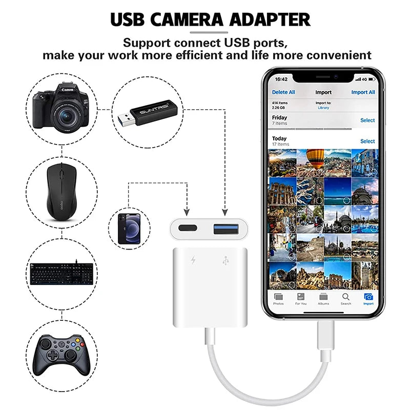 OTG Adapter for iPhone – Lightning to USB 3.0 Converter for iPhone 14/13/12/11/XR/8 Plus, Supports Mouse, Keyboard, Camera & Card Reader