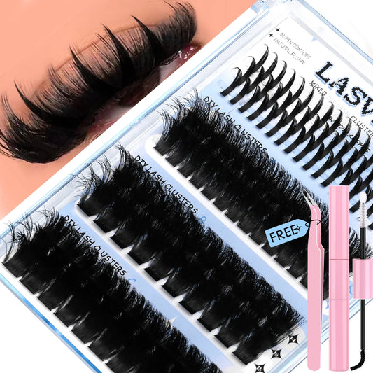 Lasvirey DIY Cluster Lashes Kit – 4-in-1 Fluffy Eyelash Extension Set with Lash Bond & Seal, Mixed Full Individual Lash Clusters