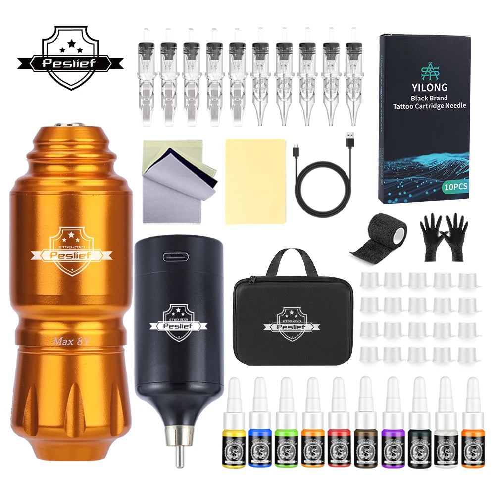 Rotary Wireless Tattoo Machine Kit – Complete Set with 10PCS Cartridge Needles, Permanent Makeup Tool for Tattoo Artists