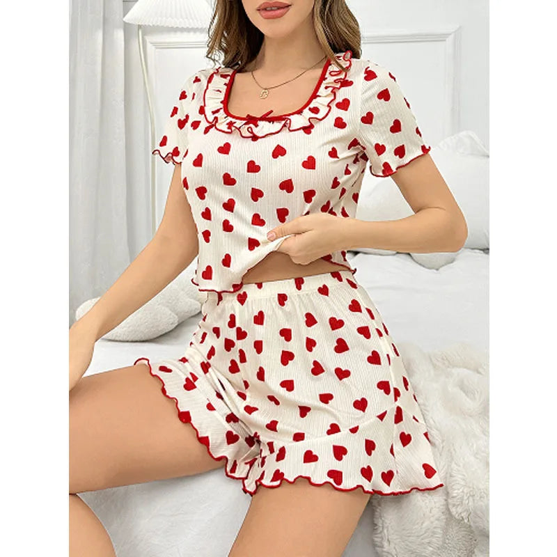 Women’s Love Print Pajama Set – Summer Square Neck Short Sleeve T-Shirt & Shorts Loungewear Sleepwear Set