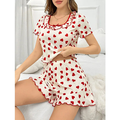 Women’s Love Print Pajama Set – Summer Square Neck Short Sleeve T-Shirt & Shorts Loungewear Sleepwear Set