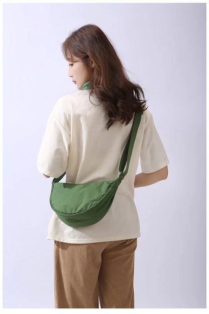 Solid Color Women's Portable Shoulder Bag – Simple Nylon Cloth Padded Crossbody Travel Purse & Messenger Bag