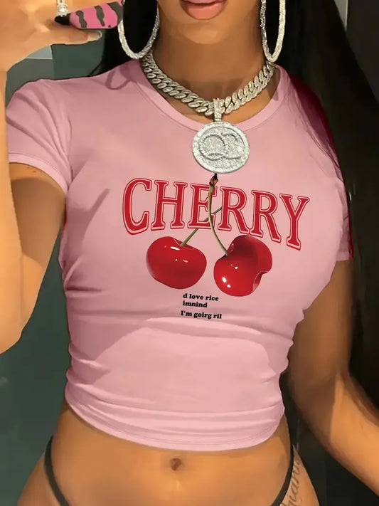 Women’s Y2K Cherry Print Crop T-Shirt – Crew Neck Short Sleeve Tight Fit Summer Fashion Top