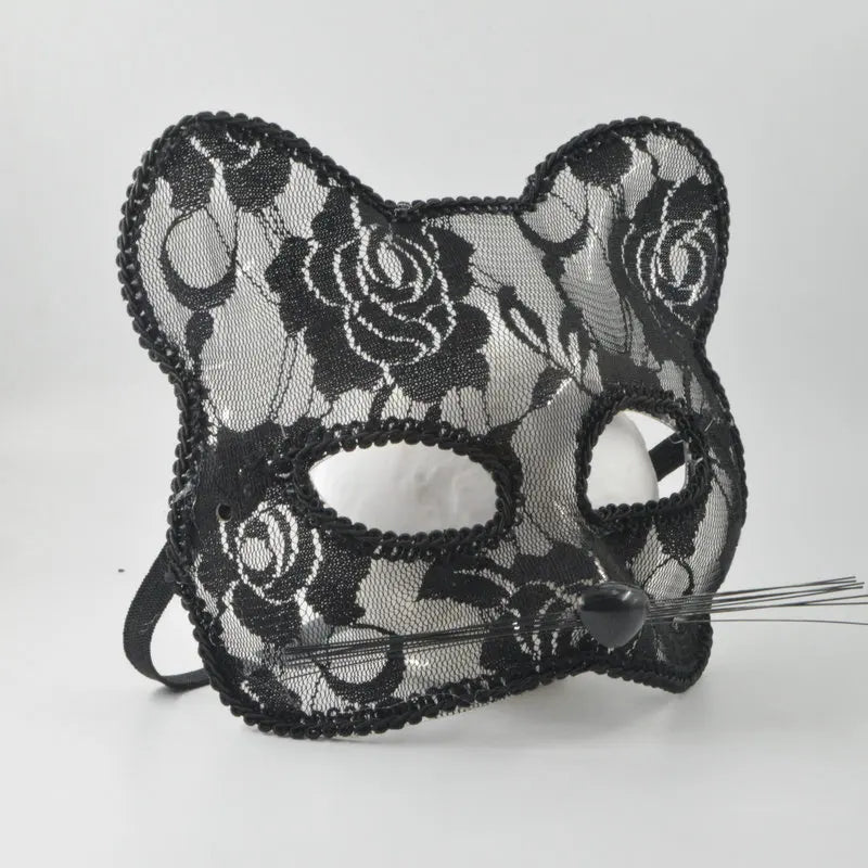 Women's Cat Face Lace Mask - Elegant Animal Masquerade Mask for Halloween Cosplay & Parties