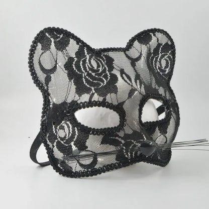 Women's Cat Face Lace Mask - Elegant Animal Masquerade Mask for Halloween Cosplay & Parties