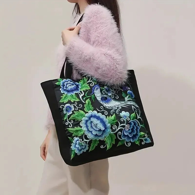 Ethnic Style Flower Embroidery Canvas Tote - Large Capacity Shoulder Bag Handbag for Women