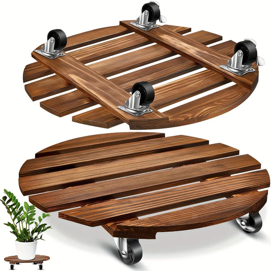 Wooden Plant Caddy Stand - Heavy Duty Rolling Plant Dolly with Lockable Wheels for Indoor & Outdoor Pots