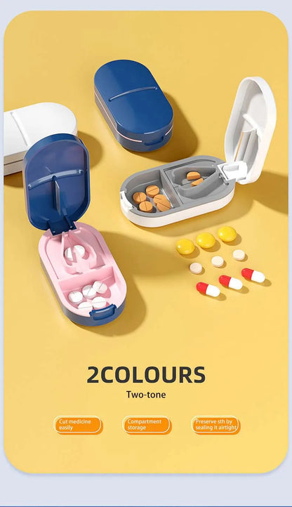 2-in-1 Pill Cutter with Invisible Storage Box – Portable Mini Tablet & Medicine Crusher, Dustproof Divider Organizer