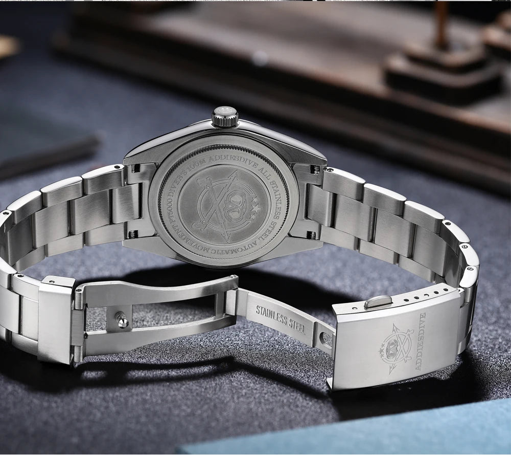ADDIESDIVE AD2030 Men’s Quartz Watch — 36MM Simple Steel Dive Wristwatch, 10Bar Waterproof, Bubble Mirror Glass Sports Timepiece