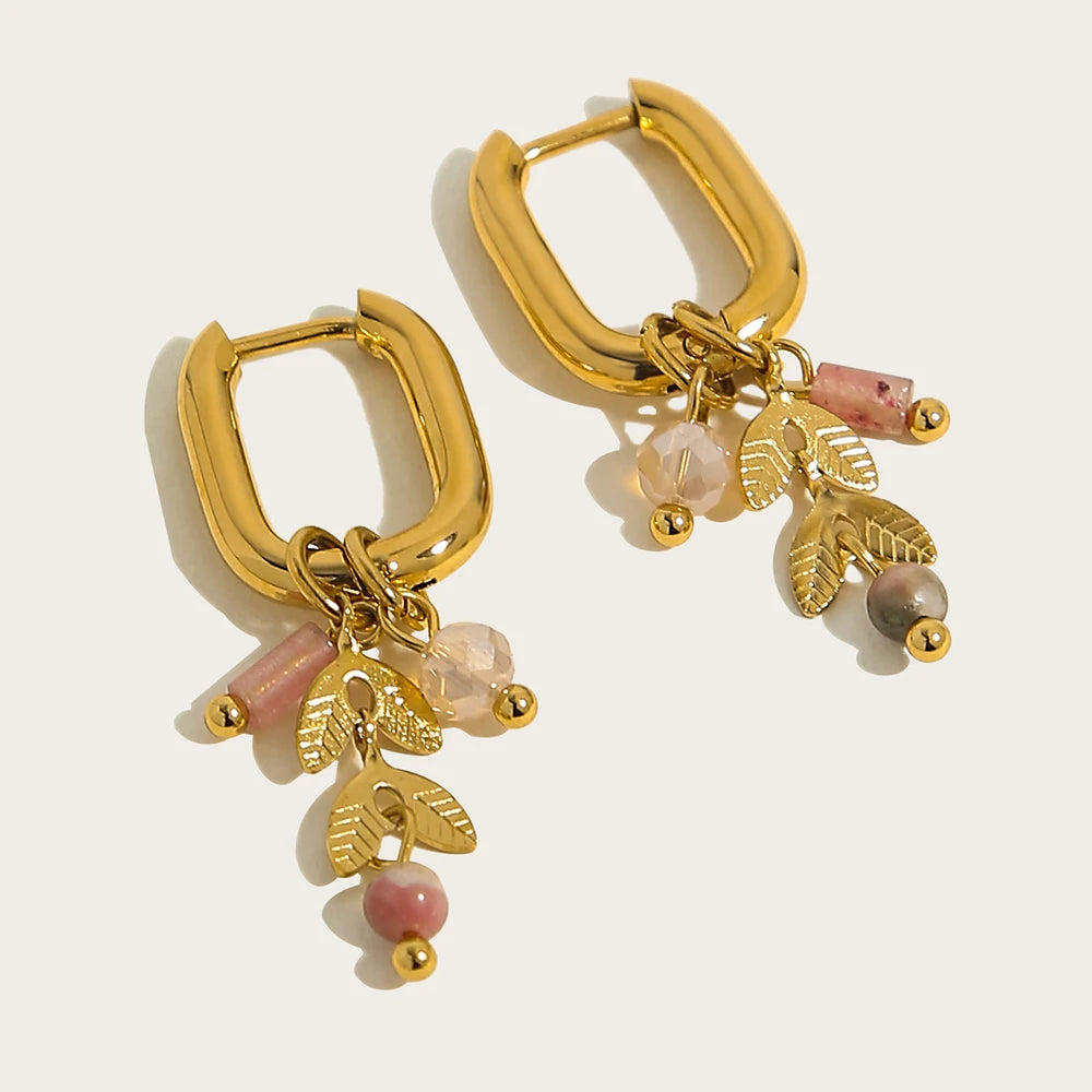 YACHAN 18K Gold-Plated Stainless Steel Hoop Earrings — Vintage Green Stone Charms, Trendy Waterproof Jewelry for Women