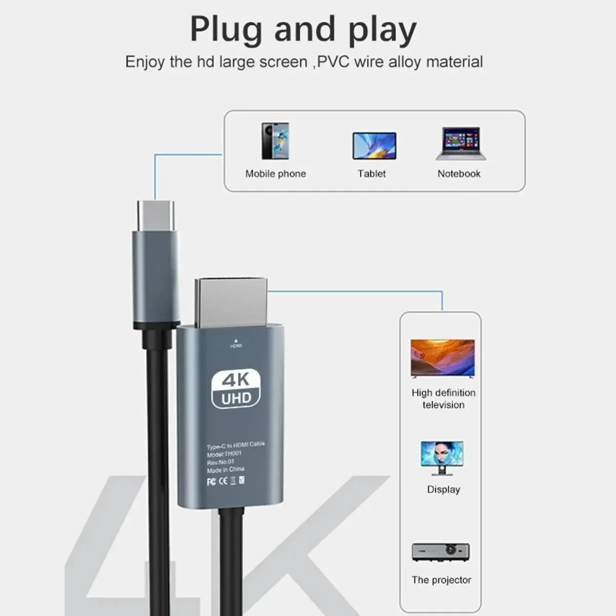 2M USB-C to HDMI 4K HD Video Cable - Braided Screen Projection Converter for TV and Computer
