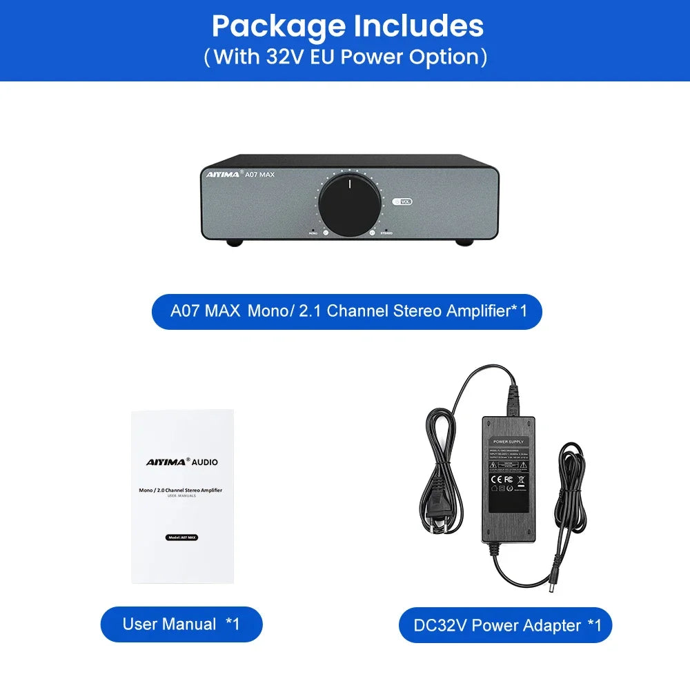 AIYIMA A07 MAX 2-Channel Class D Amplifier – 300W x2 TPA3255 Home Audio Stereo Amp, Bridgeable Mono 600W Power Speaker System