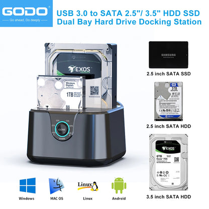 GODO Dual Bay USB 3.0 Hard Drive Docking Station – SATA 2.5"/3.5" HDD & SSD Enclosure with LED Indicator and Fast Data Transfer