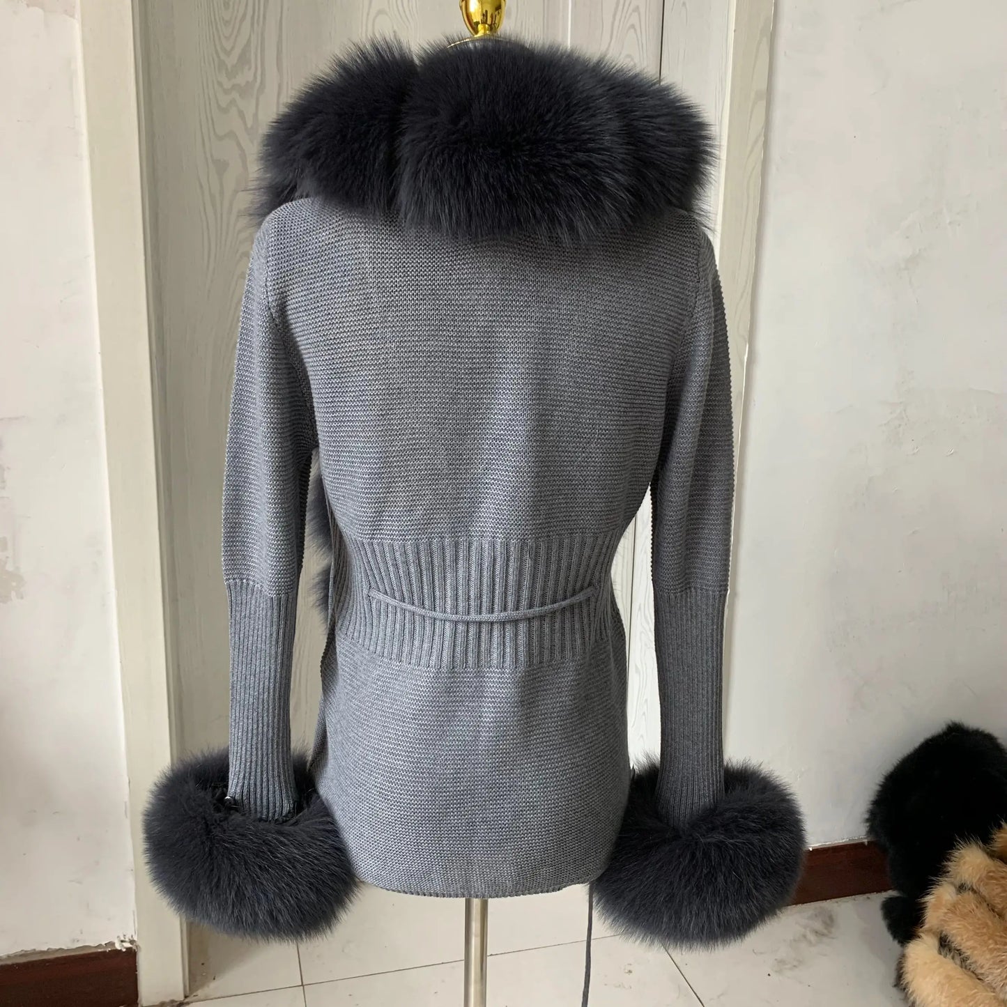 Women’s Spring & Autumn Sweater Cardigan – Real Fox Fur Collar Jacket, Natural Fur Outerwear