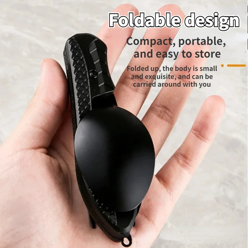 Portable Stainless Steel Camping Cutlery Set – Foldable Spoon, Fork, Knife & Bottle Opener Multitool