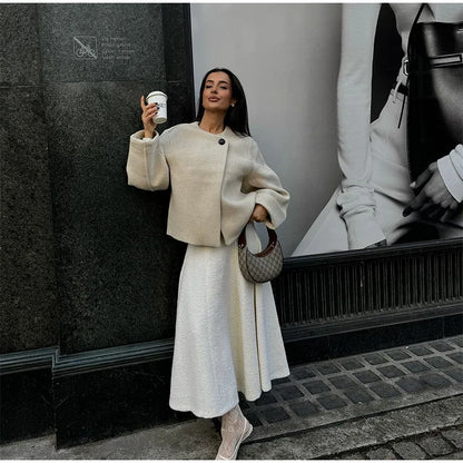 2024 Women's Elegant Solid Wool Blend Cardigan Coat – Round Neck, Single Button, Long Sleeve High Street Outwear