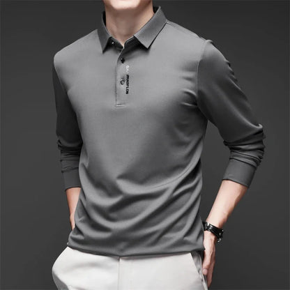 Men's Business Casual Polo Shirt - Long Sleeve Solid Color Top with Badge Detail