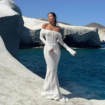 Suninheart White Off-Shoulder Bodycon Dress – 2025 Elegant Lace Long Sleeve Maxi Dress for Women, Wedding Guest Outfit