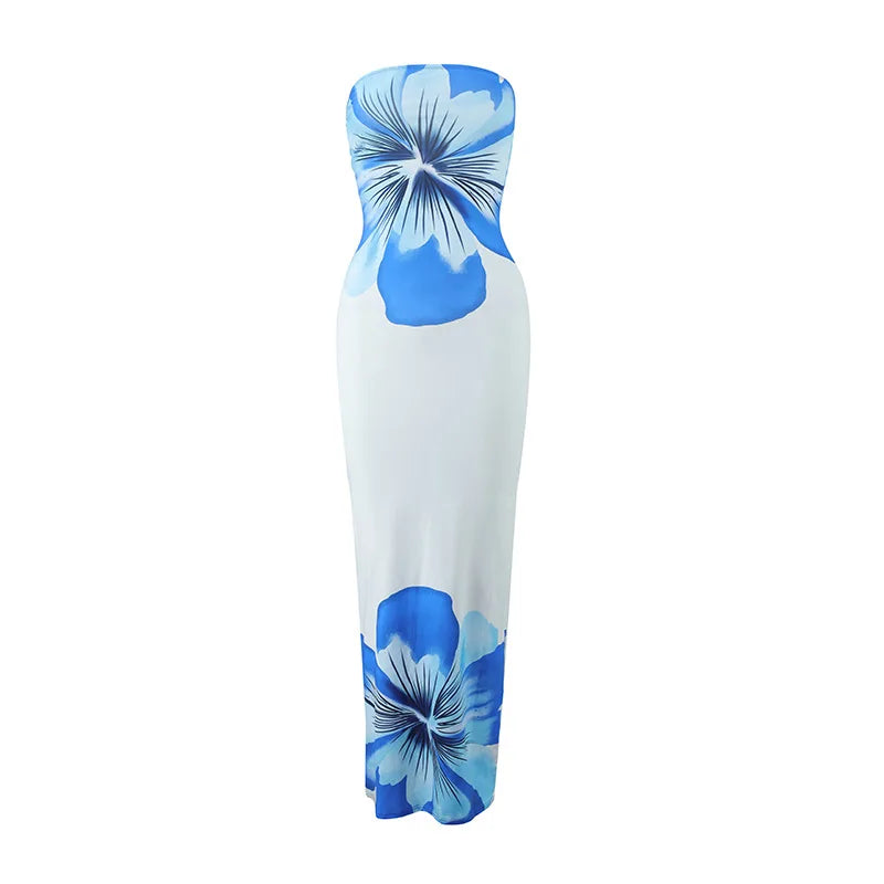 Women’s Floral Strapless Maxi Dress - High Waist Slim Fit Summer Vacation & Evening Party Dress