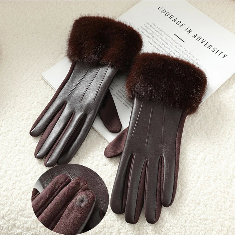 Women’s Winter Faux Fur Gloves - Warm PU Leather Gloves with Thermal Lining and Windproof Cuffs
