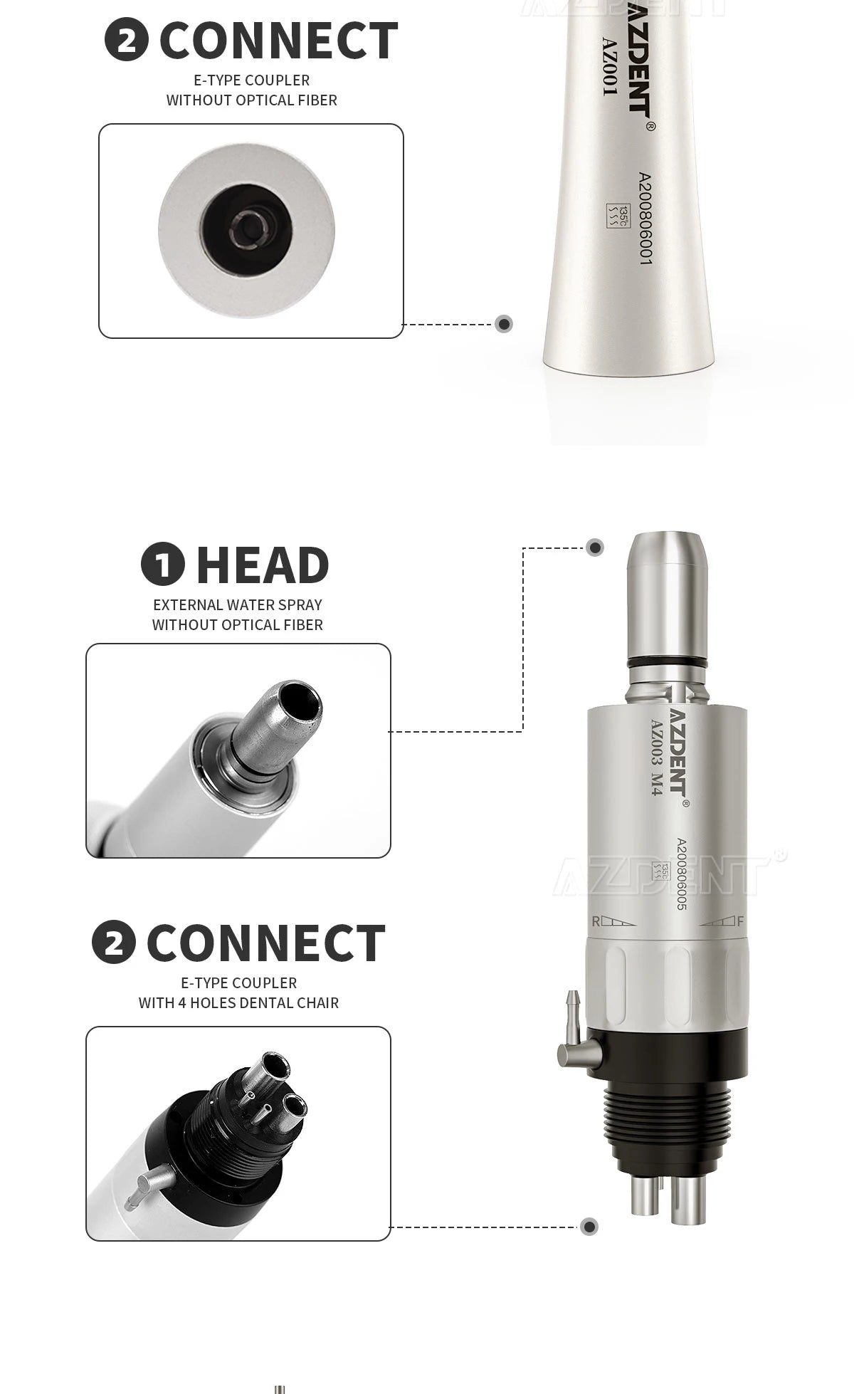 AZDENT Dental Low Speed Handpiece 1:1 Contra Angle – Push Button for ø2.35mm CA Burs, 2/4 Holes, Air Motor