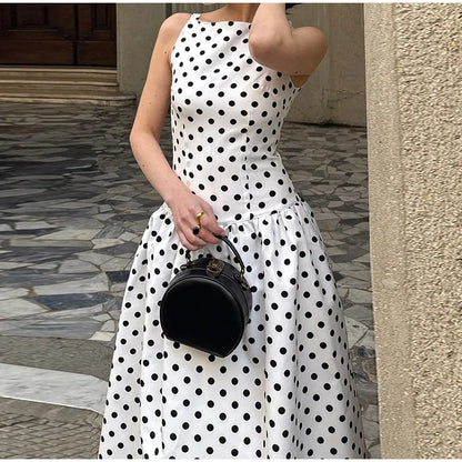 Elegant Women’s Polka Dot Maxi Dress – Chic Sleeveless Round Neck High Waist Slim Fit Vestido for Party & Street, 2025 New