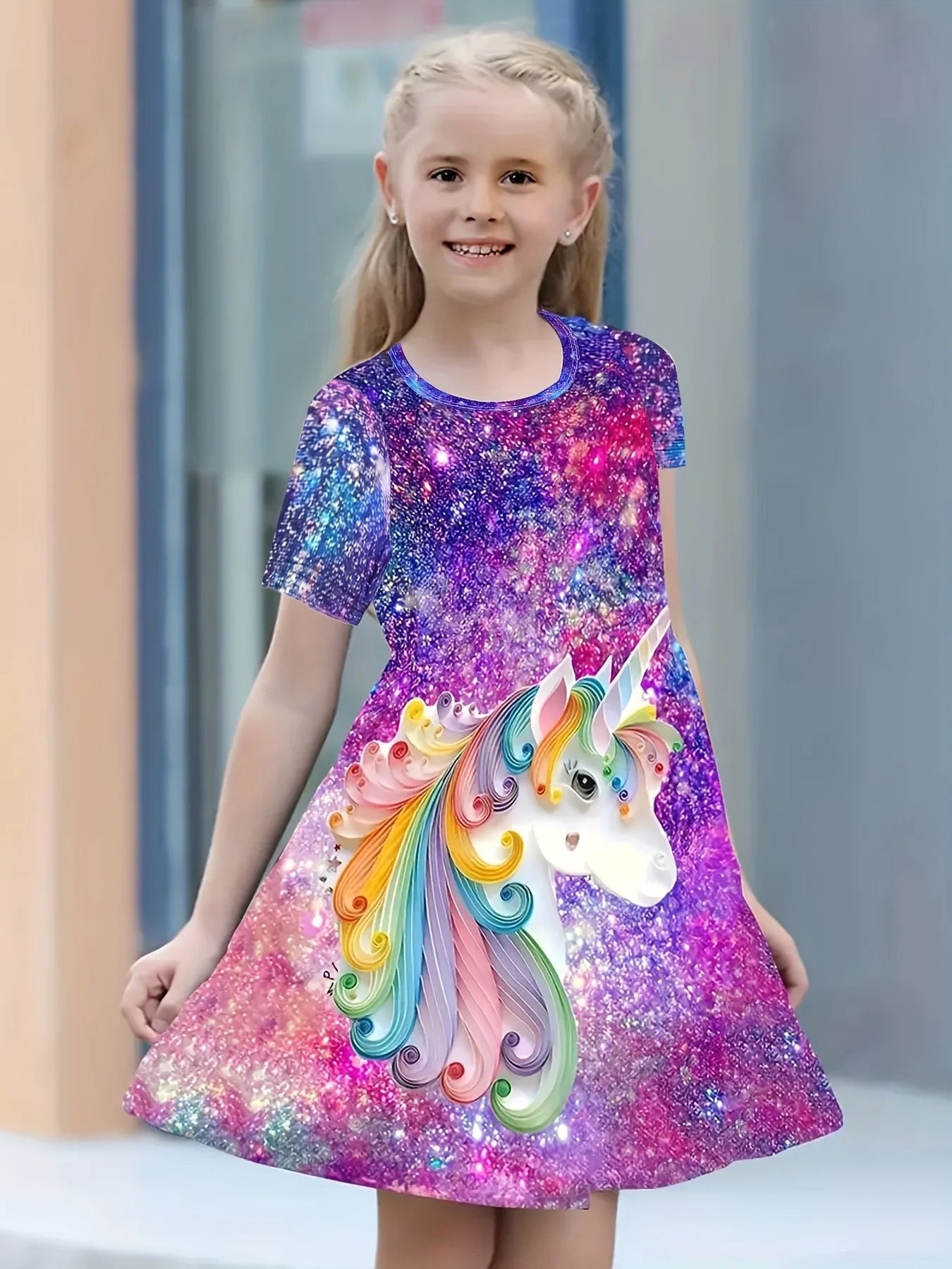 Girls Starry Unicorn Dress – Digital Print, Round Neck, Short Sleeve Casual Party Dress