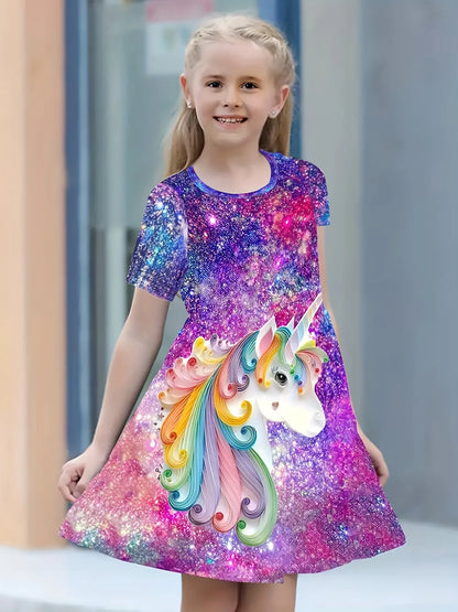 Girls Starry Unicorn Dress – Digital Print, Round Neck, Short Sleeve Casual Party Dress