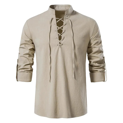 Men’s Cotton Linen Long Sleeve Shirt - Vintage Casual Drawstring Neck Shirt for Spring & Autumn