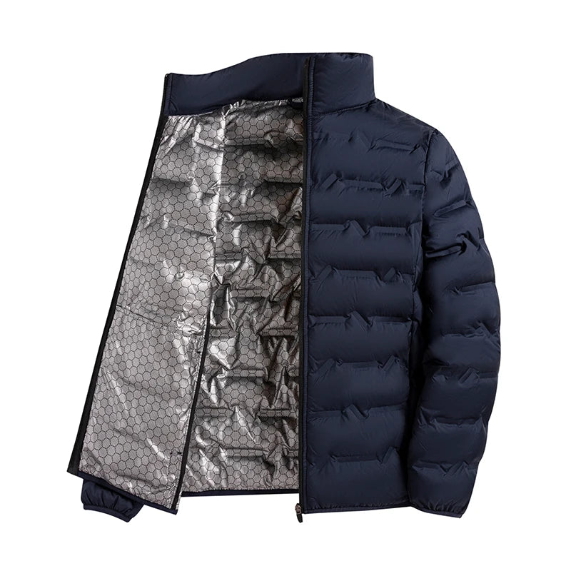 Graphene Self-Heating Down Jacket for Men – Solid Windproof, Pleated Stand Collar, Warm Winter Outerwear