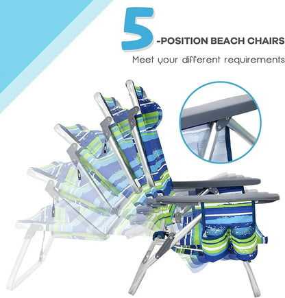 Backpack Beach Chair Set – 4 Portable Camping Chairs with Cooler Bag, Cup Holder & 5 Outdoor Recliners (Blue & Green, No Side Table)