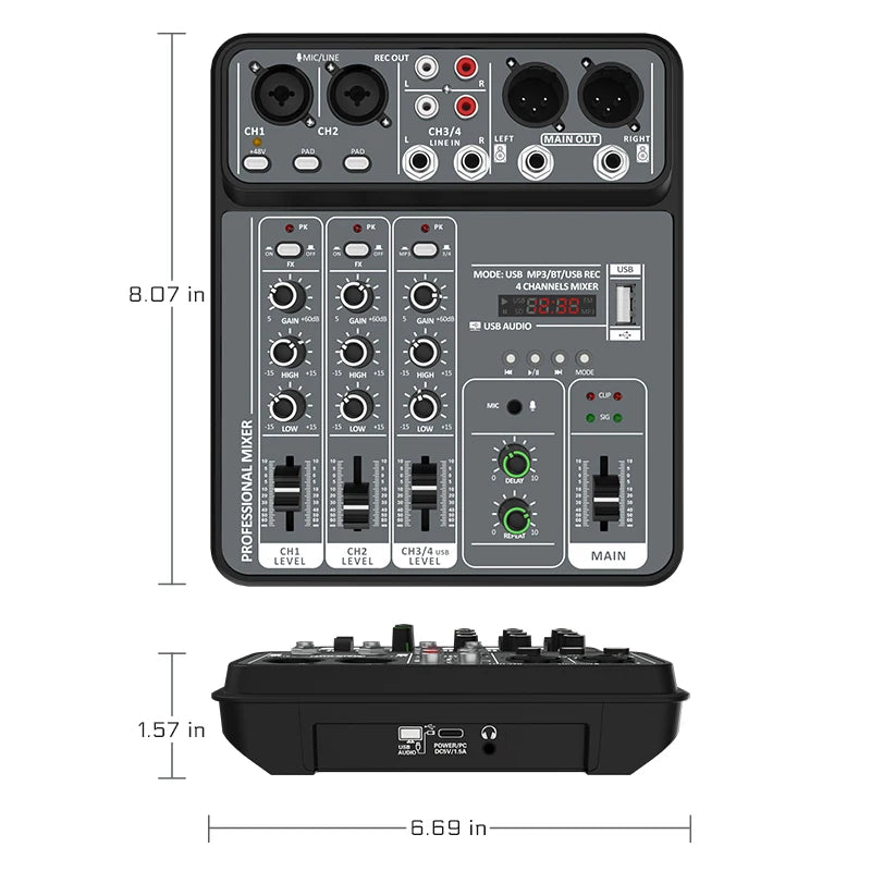 4-Channel Audio Mixer — USB Studio Mixer with 48V Phantom Power & Bluetooth for DJ & Karaoke